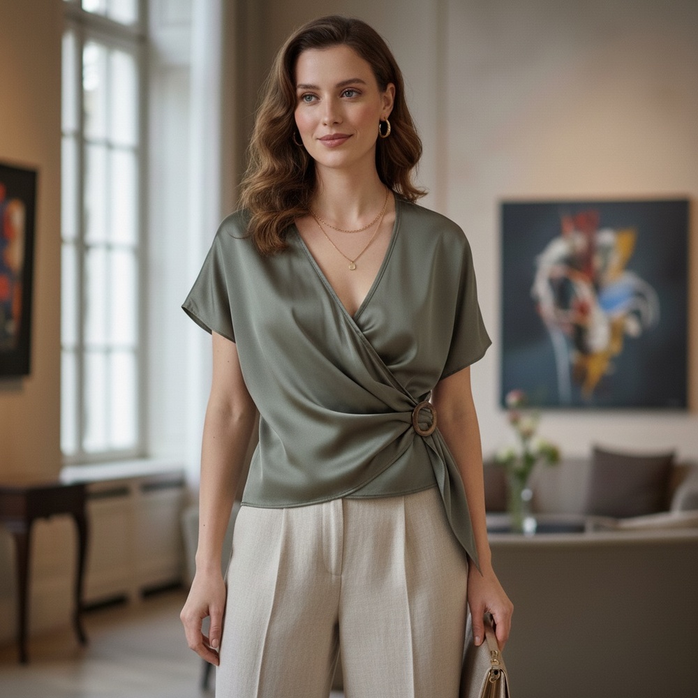 Satin olive green, wrap top with buckle in front... business chic